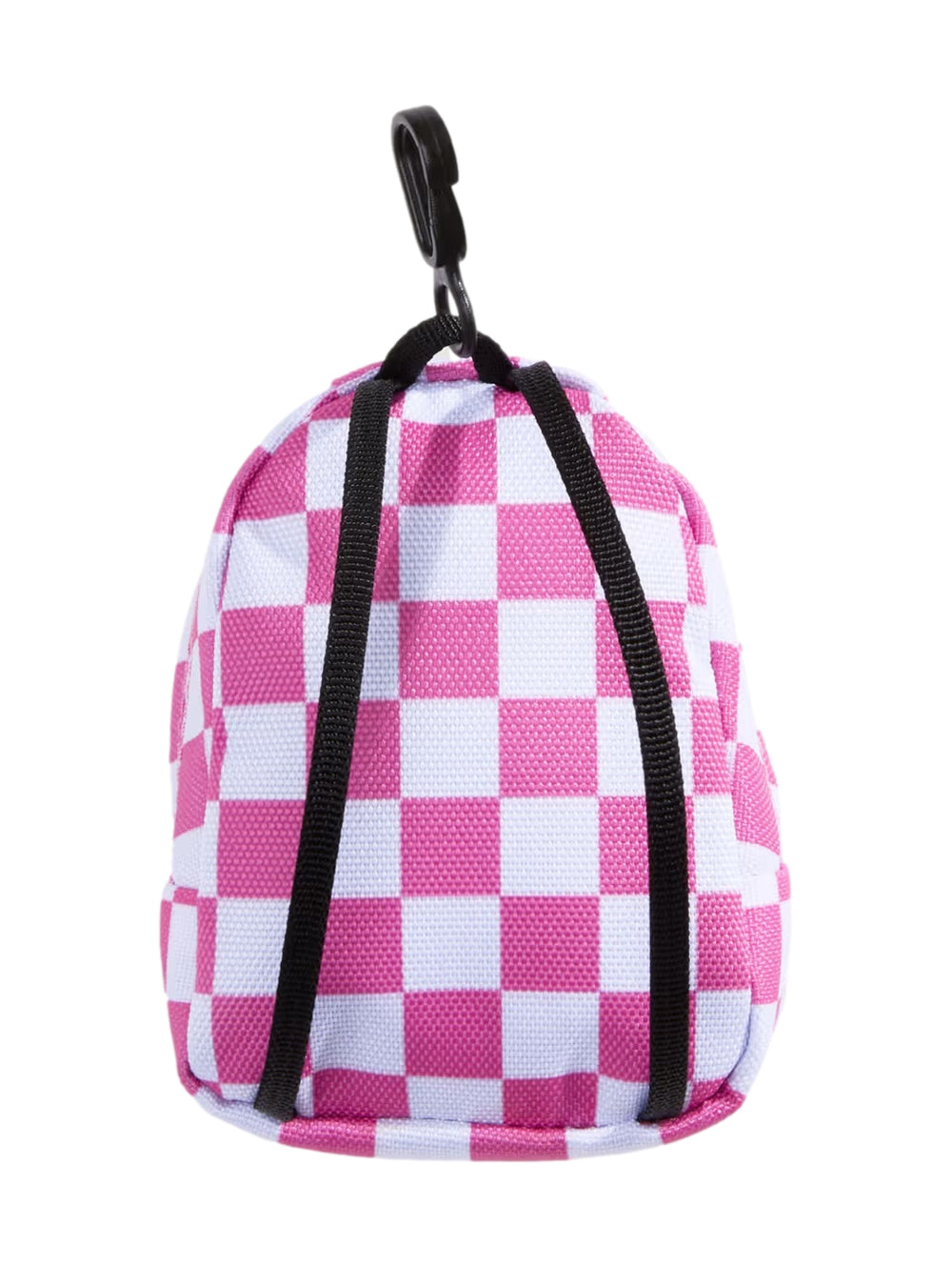 Llavero de mini mochila Vans con diseño de cuadros rosa y blanco y clip negro.