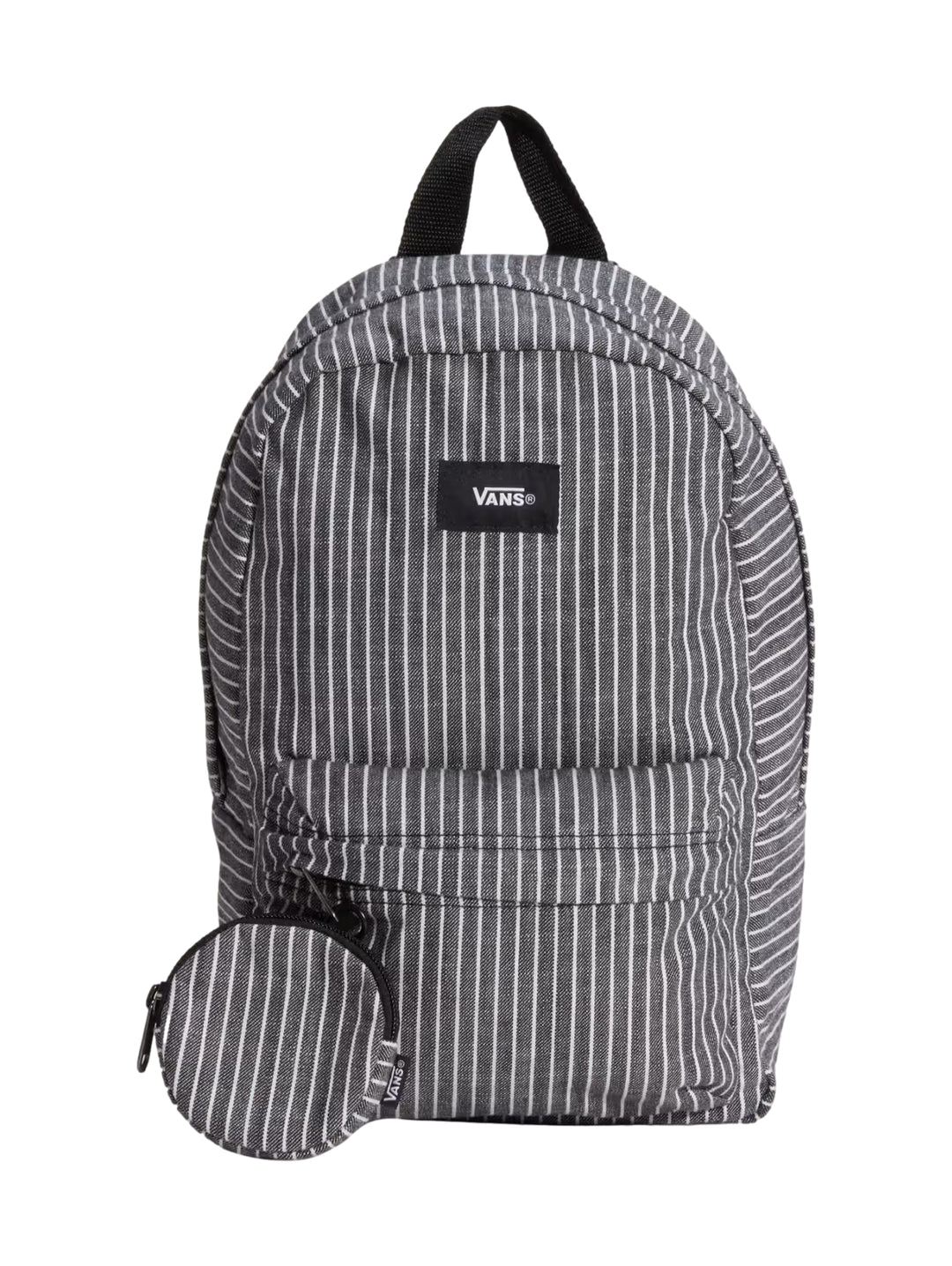 Mochila mini VANS con diseño de rayas verticales blancas y negras y asa superior negra.