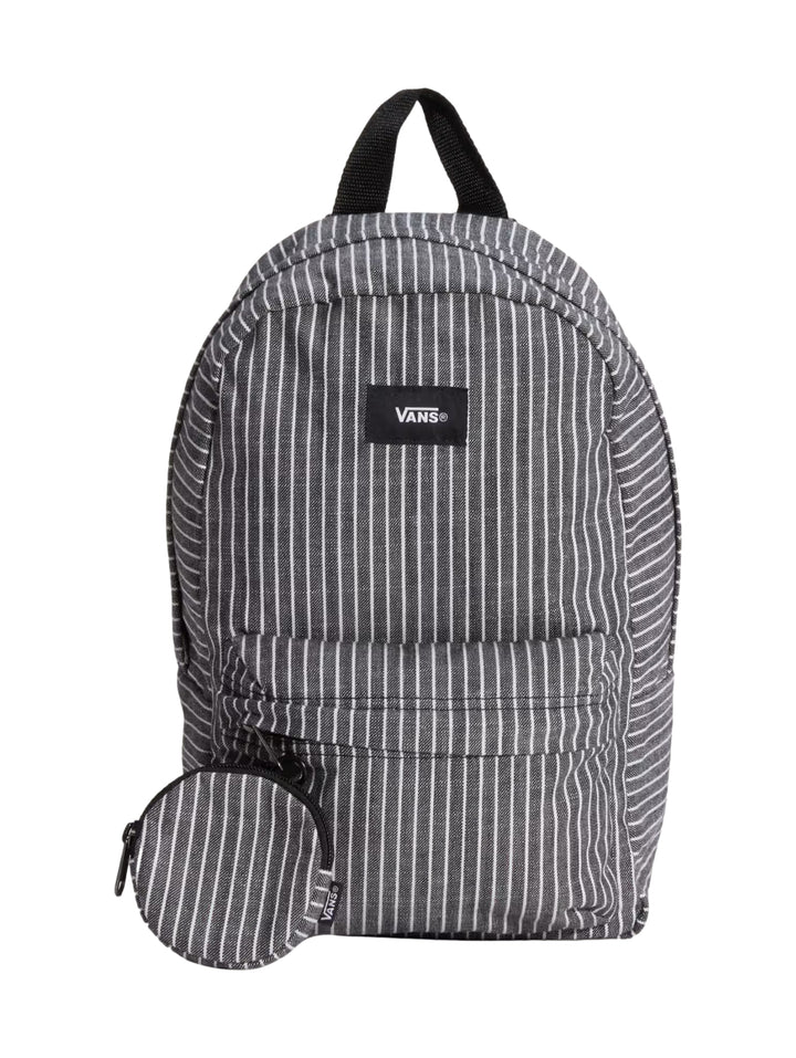 Mochila mini VANS con diseño de rayas verticales blancas y negras y asa superior negra.