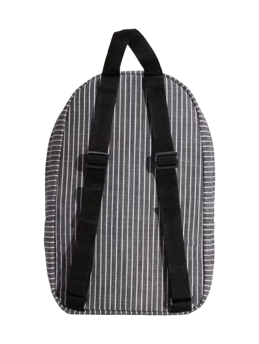 Mochila mini VANS con diseño de rayas verticales blancas y negras y asa superior negra.