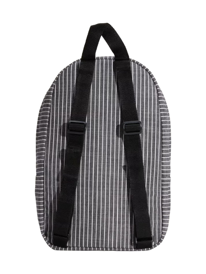 Mochila mini VANS con diseño de rayas verticales blancas y negras y asa superior negra.