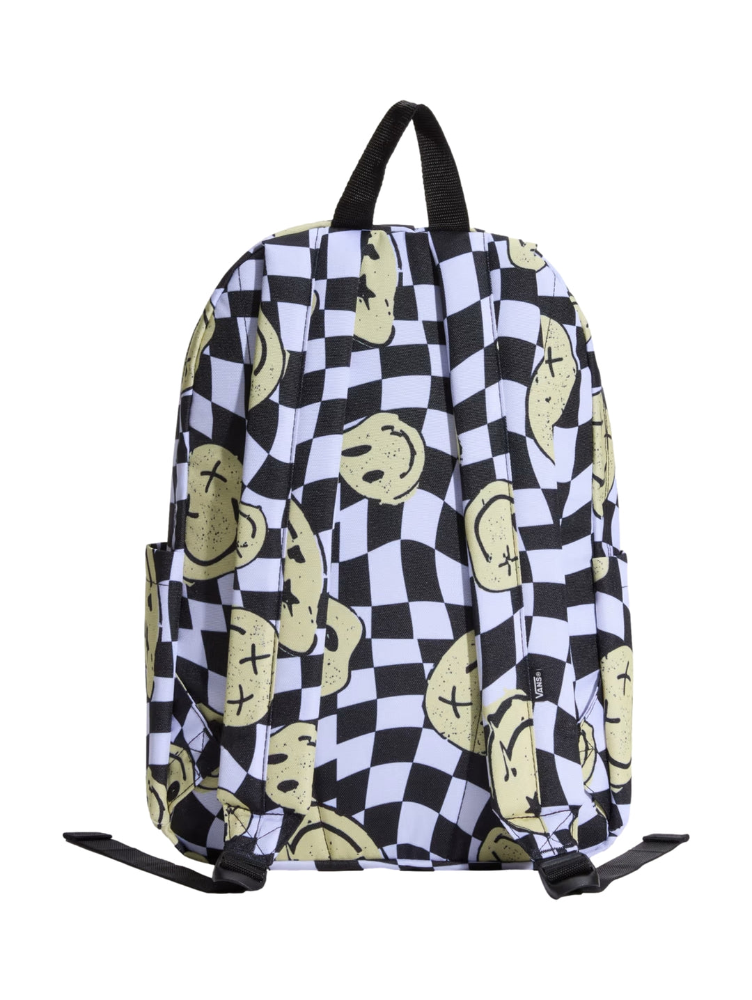 Mochila Vans con diseño de cuadros blancos y negros y caras amarillas.