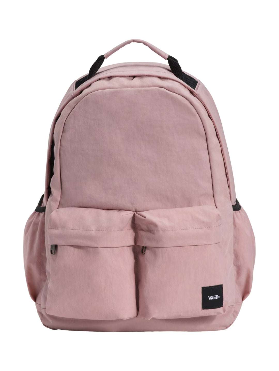 Mochila escolar VANS color rosa misty mauve con dos bolsillos frontales y detalles en negro.