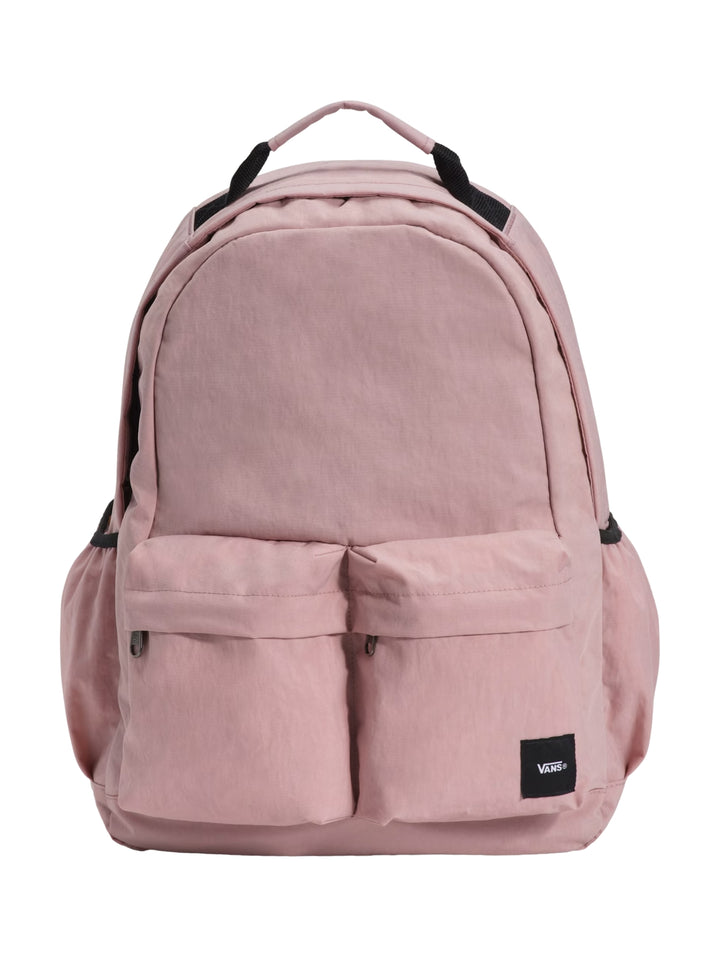 Mochila escolar VANS color rosa misty mauve con dos bolsillos frontales y detalles en negro.