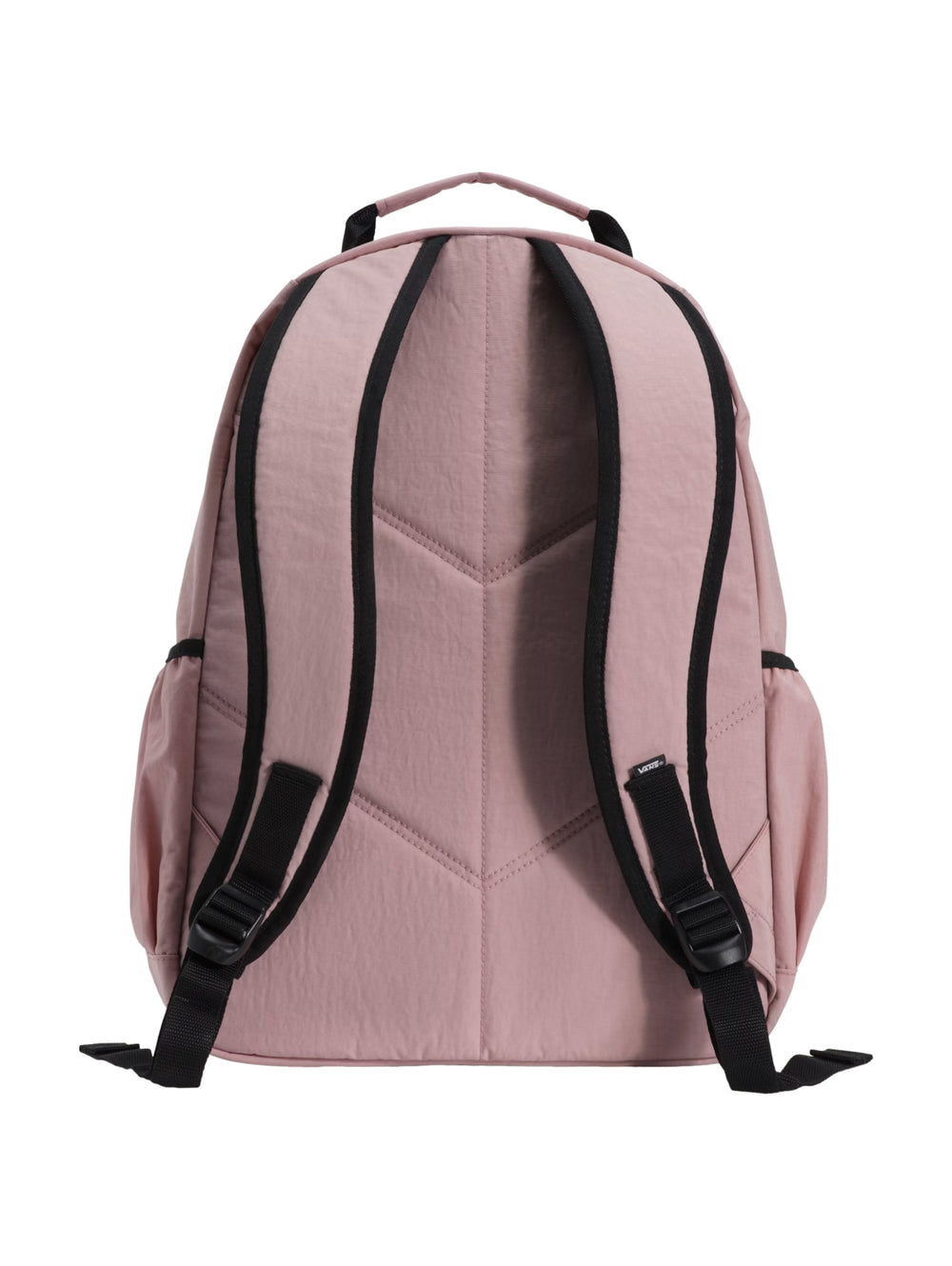 Mochila escolar VANS color rosa misty mauve con dos bolsillos frontales y detalles en negro.