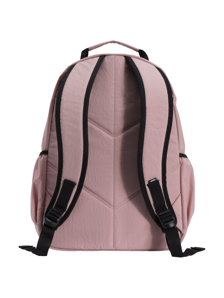 Mochila escolar VANS color rosa misty mauve con dos bolsillos frontales y detalles en negro.