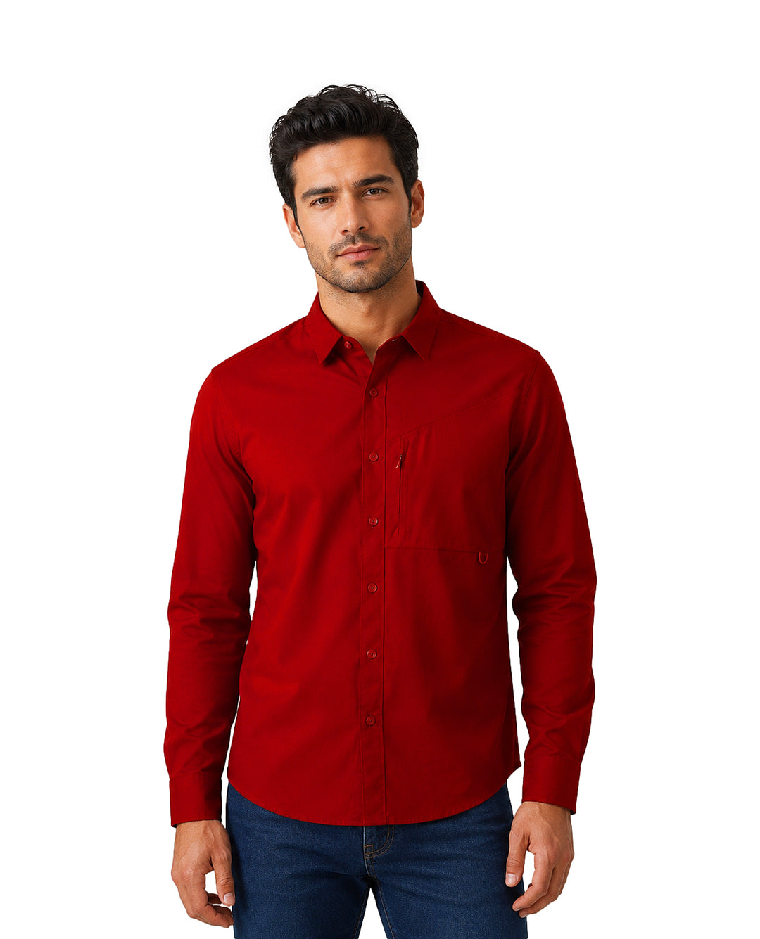 Hombre vistiendo una camisa roja de manga larga con botones y cuello.