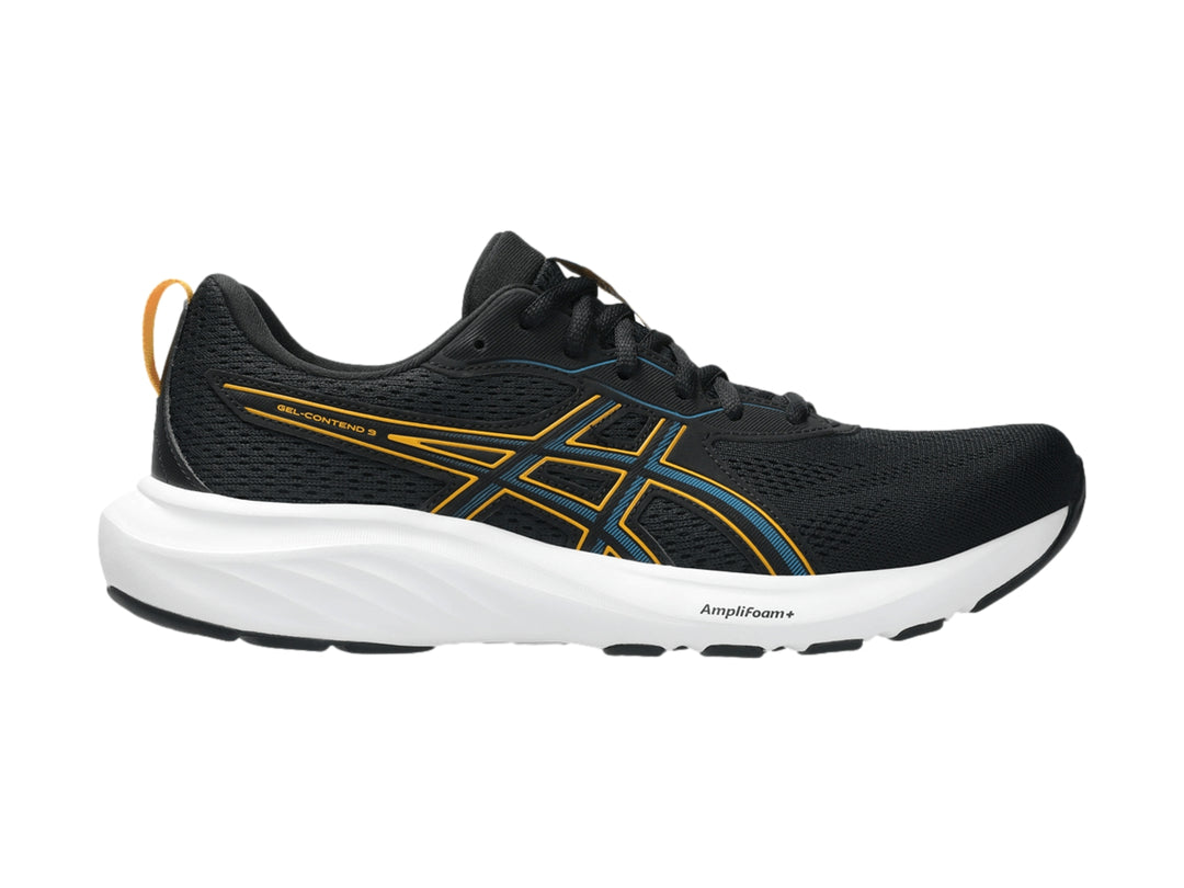 Tenis deportivos ASICS color negro con detalles en amarillo y suela blanca.