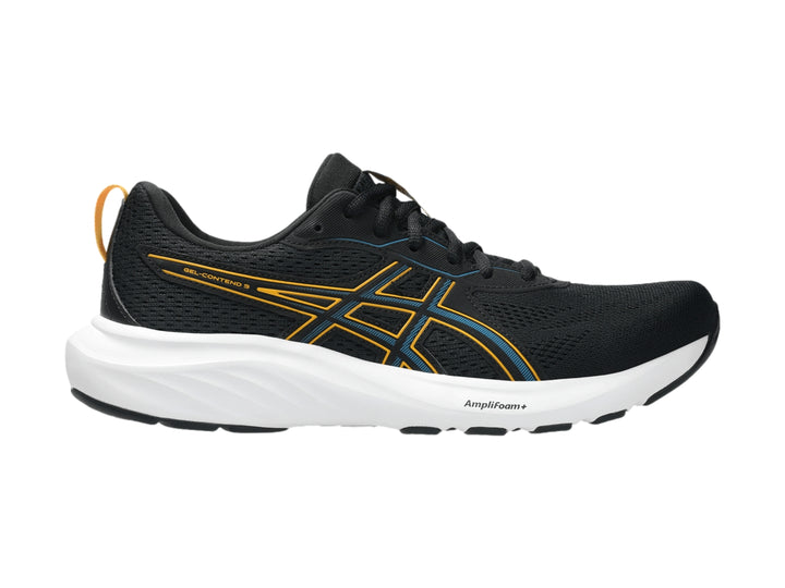 Tenis deportivos ASICS color negro con detalles en amarillo y suela blanca.