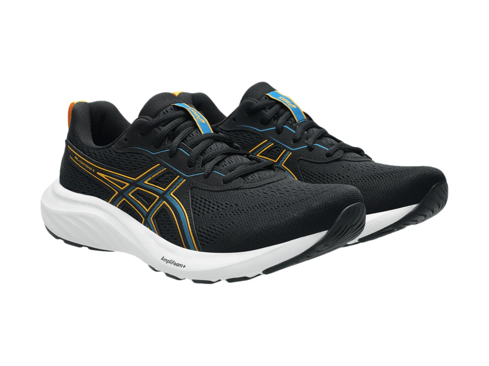 Tenis deportivos ASICS color negro con detalles en amarillo y suela blanca.