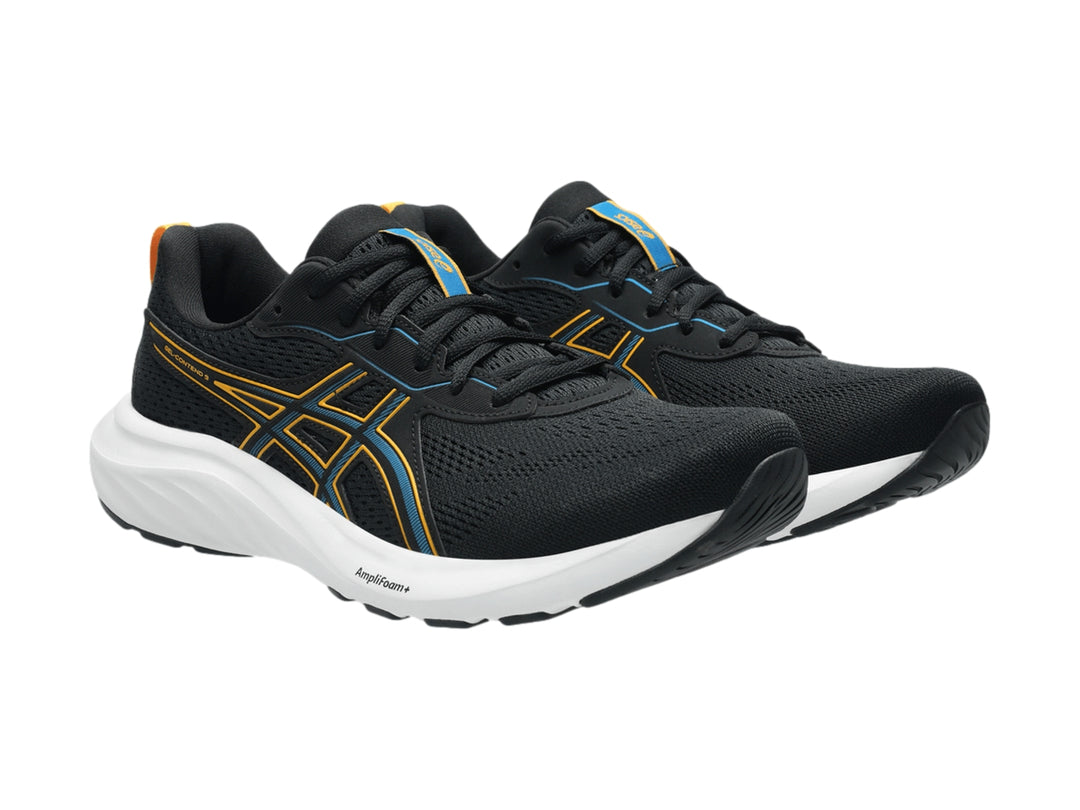 Tenis deportivos ASICS color negro con detalles en amarillo y suela blanca.