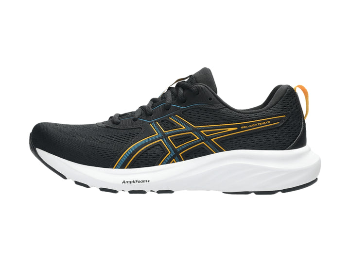 Tenis deportivos ASICS color negro con detalles en amarillo y suela blanca.