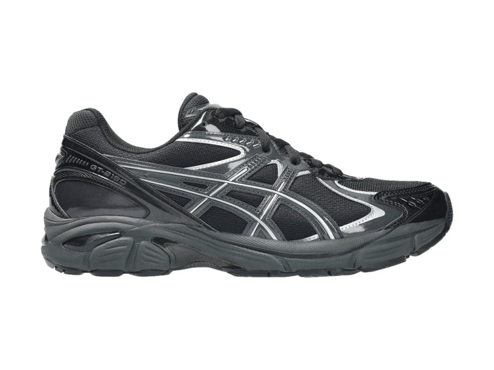 Tenis deportivos ASICS GT-2160 color negro con detalles plateados, vista lateral sobre fondo blanco.