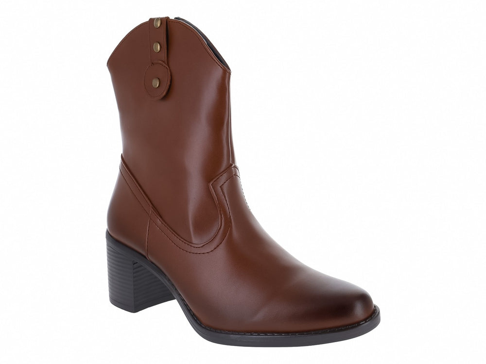 Botines vaqueros color chocolate de la marca MELI&ANA con tacón cuadrado negro y detalles de remaches dorados.