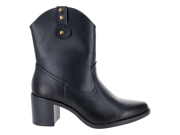 Botines vaqueros color negro con tacón cuadrado y detalles de remaches dorados en la parte superior.