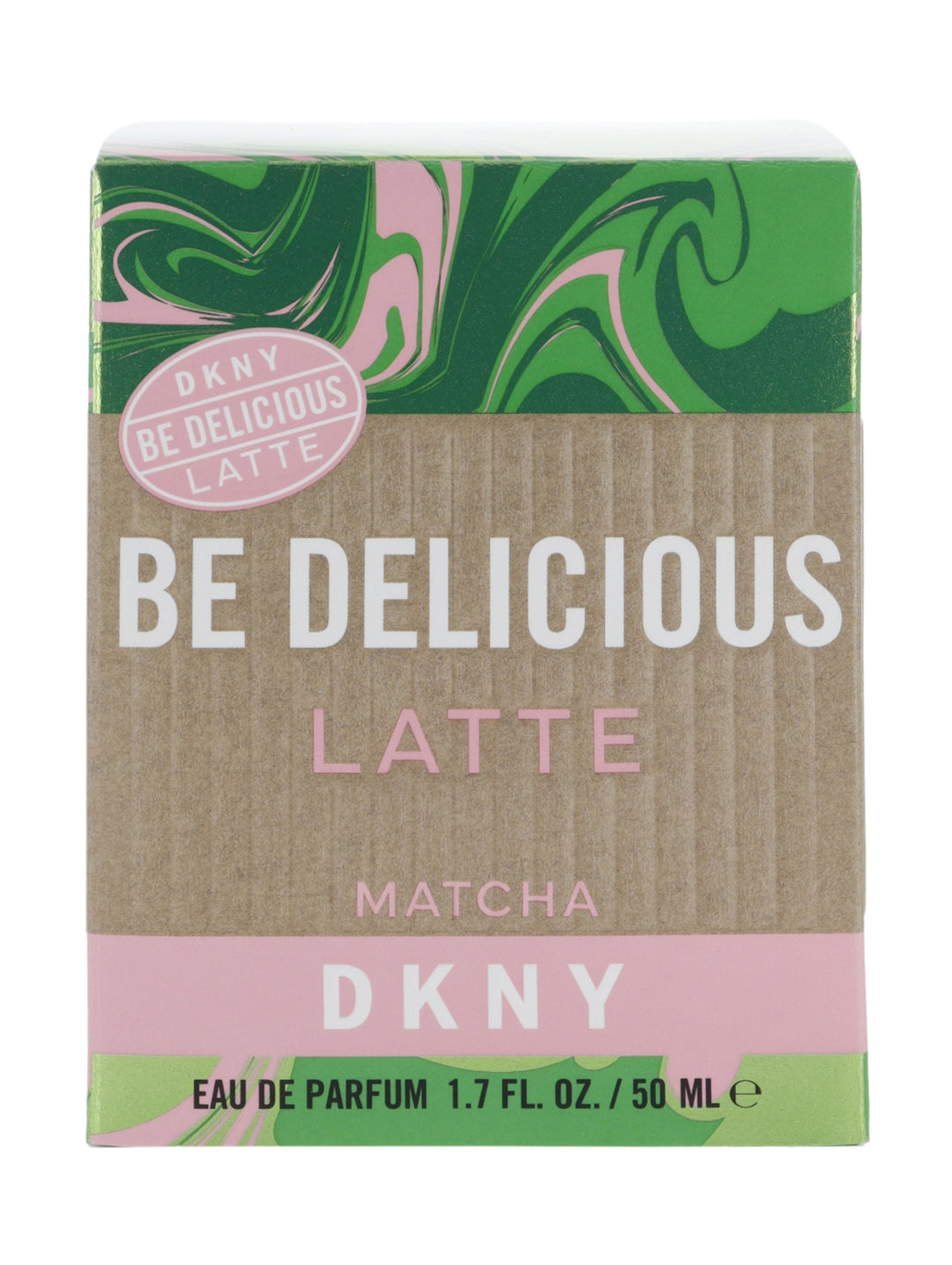 Empaque rectangular de perfume DKNY Be Delicious Latte Matcha en colores verde, café y rosa.
