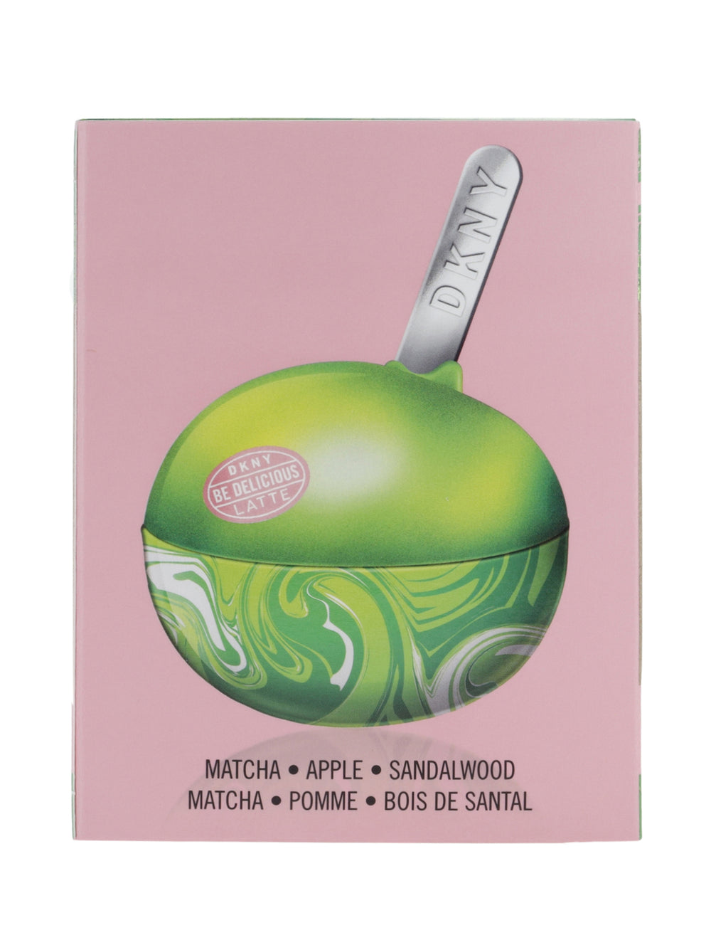 Empaque rectangular de perfume DKNY Be Delicious Latte Matcha en colores verde, café y rosa.