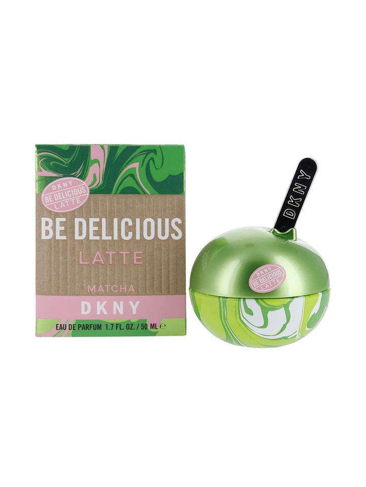 Empaque rectangular de perfume DKNY Be Delicious Latte Matcha en colores verde, café y rosa.