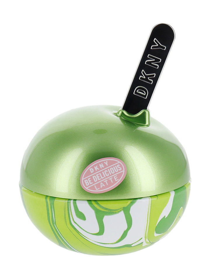 Empaque rectangular de perfume DKNY Be Delicious Latte Matcha en colores verde, café y rosa.