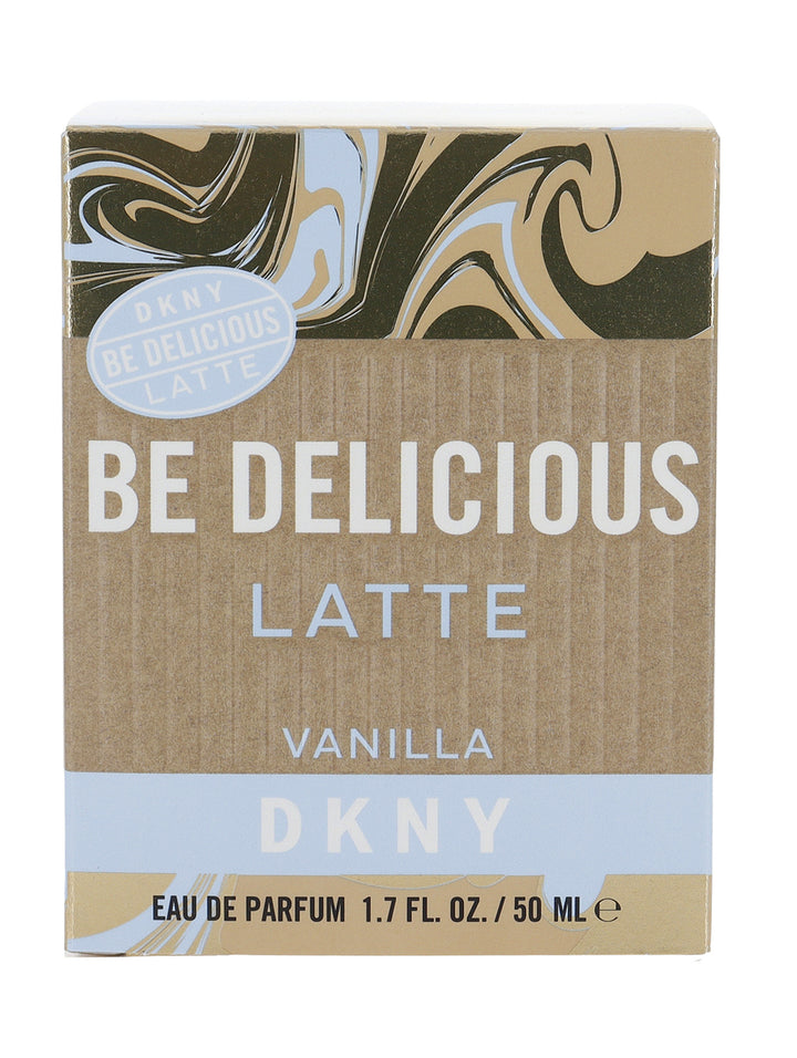 Caja de perfume DKNY Be Delicious Latte Vanilla de 50ml con diseño en tonos marrón y azul claro.