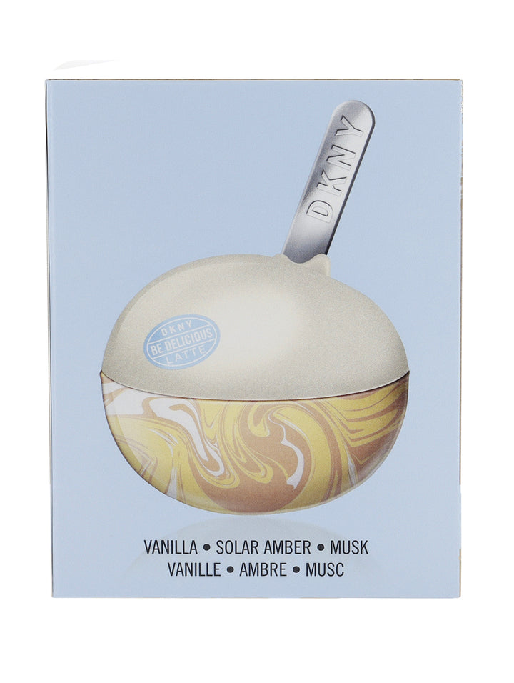 Caja de perfume DKNY Be Delicious Latte Vanilla de 50ml con diseño en tonos marrón y azul claro.