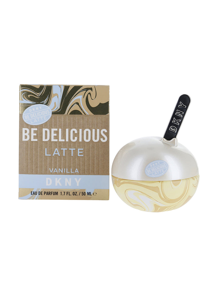 Caja de perfume DKNY Be Delicious Latte Vanilla de 50ml con diseño en tonos marrón y azul claro.