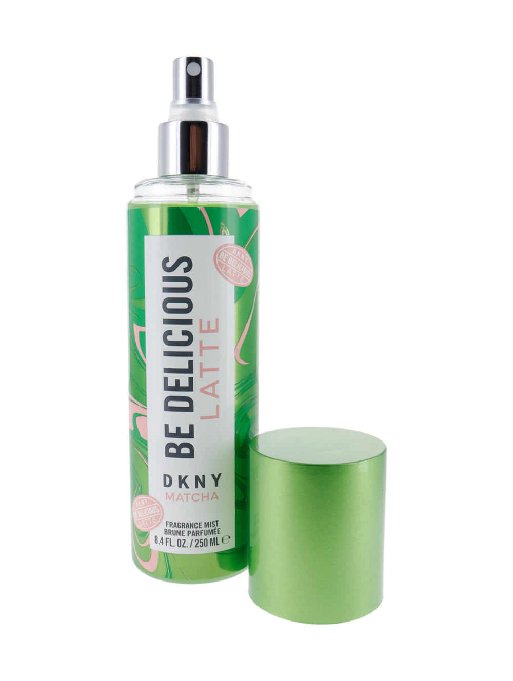 Bruma corporal DKNY Be Delicious Matcha en envase cilíndrico color verde con detalles en rosa y blanco.