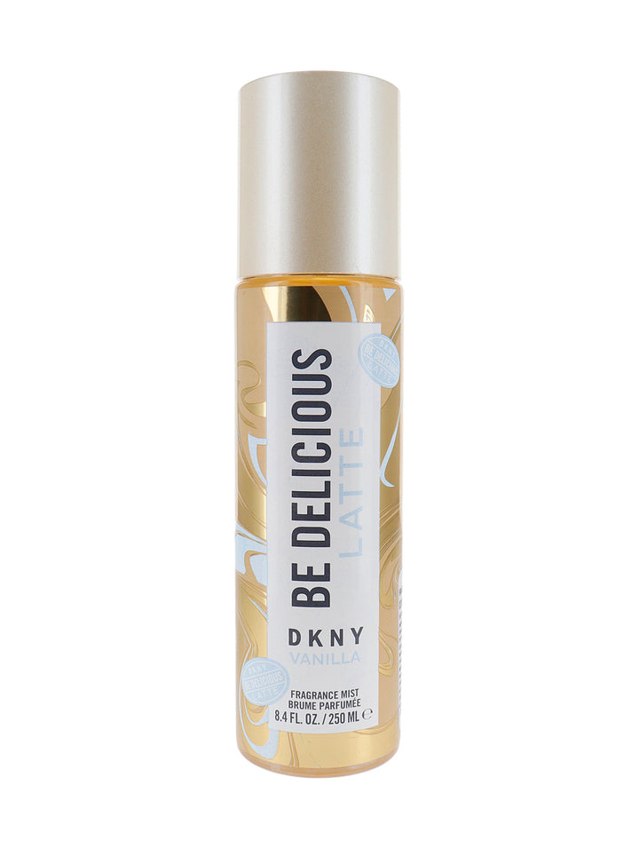 Botella de fragancia corporal Donna Karan Be Delicious Latte Vanilla en tonos dorado y blanco.