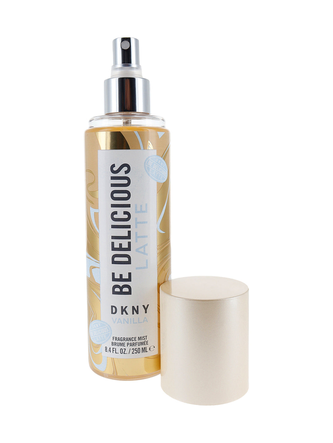 Botella de fragancia corporal Donna Karan Be Delicious Latte Vanilla en tonos dorado y blanco.