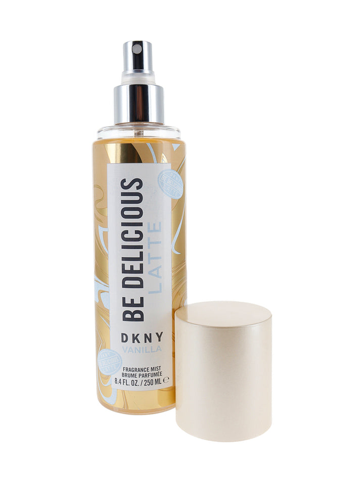 Botella de fragancia corporal Donna Karan Be Delicious Latte Vanilla en tonos dorado y blanco.
