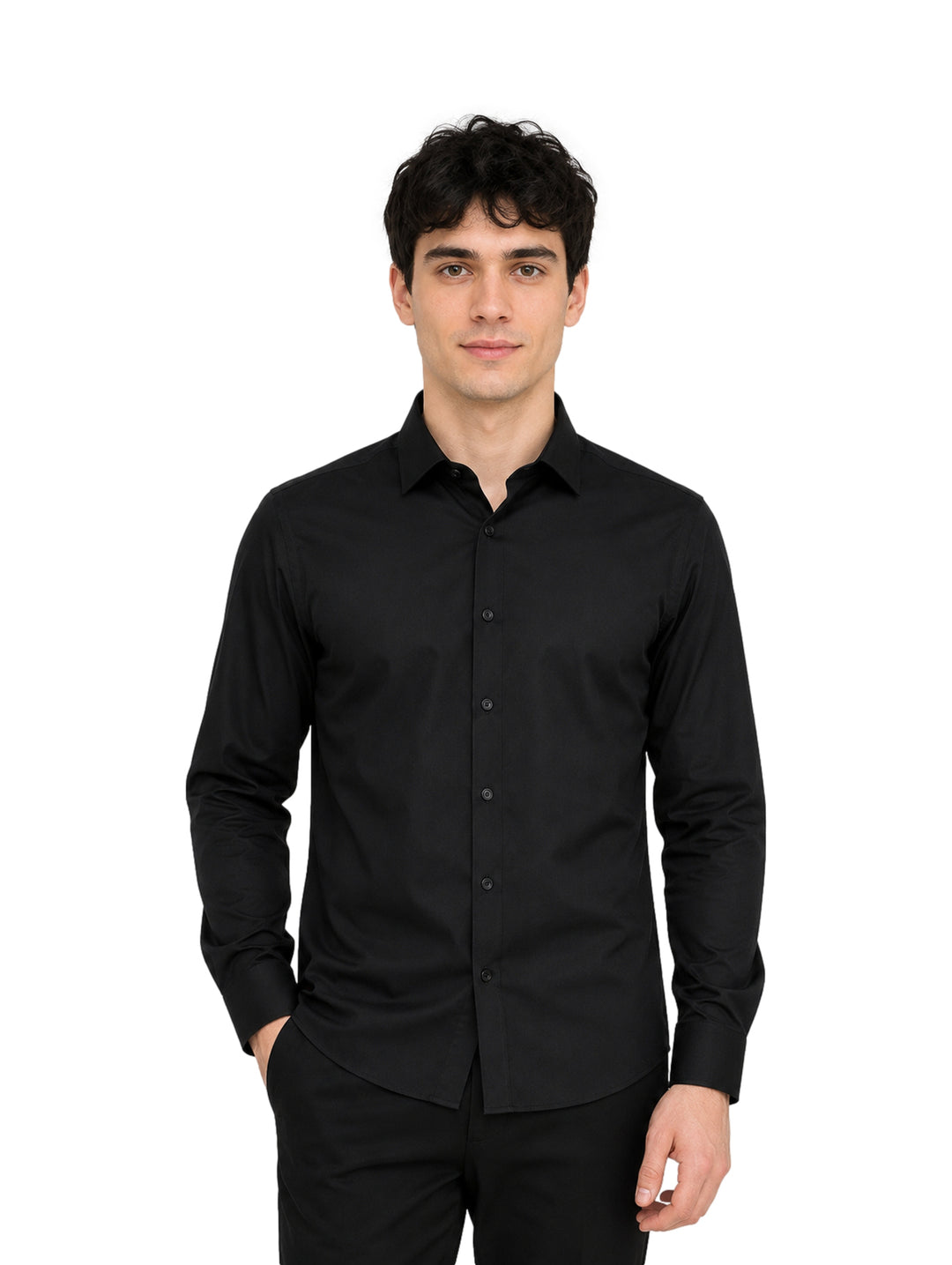Hombre vistiendo una camisa de manga larga color negro de la marca Authentic Lyon.