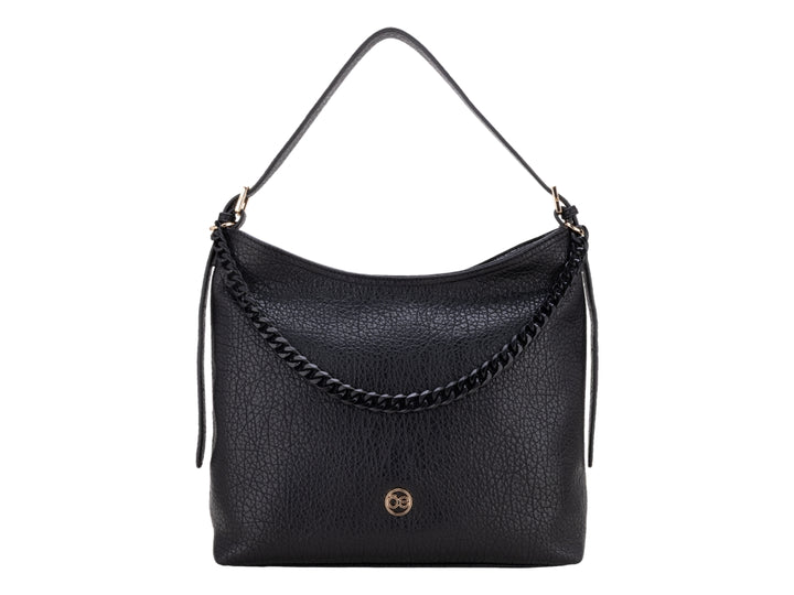 Bolsa Cloe color negro con detalle de cadena dorada y asa superior.