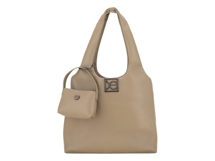 Bolsa Cloe color fango con un pequeño monedero acoplado y asa superior.