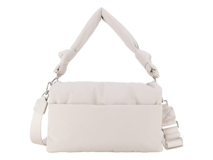Bolso pequeño Cloe color gris con diseño acolchado, asa superior anudada y correa ajustable.