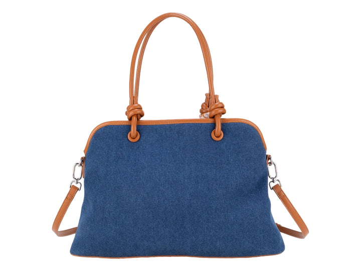 Bolsa Cloe azul con detalles en marrón y un pañuelo decorativo anudado en el asa.
