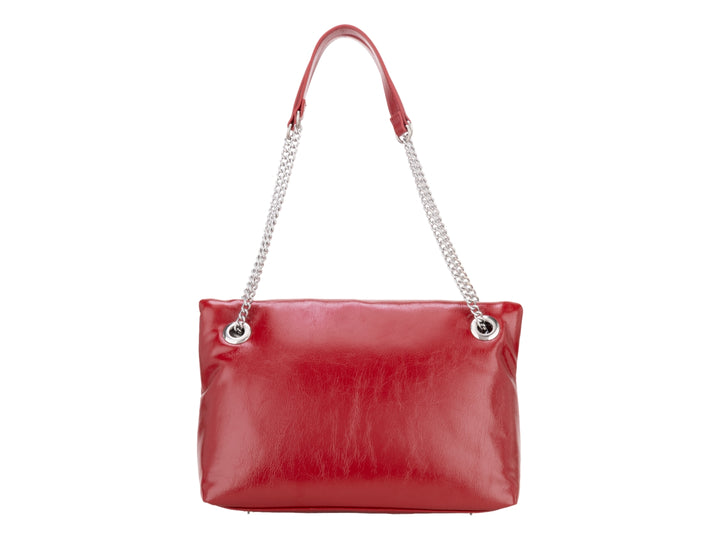 Bolso pequeño color rojo de la marca Cloe con asa y cadenas plateadas.