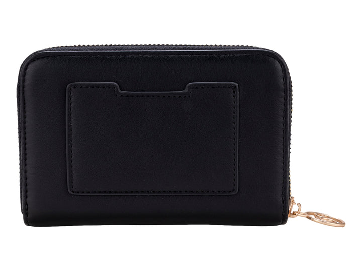 Monedero rectangular negro con cierre y logotipo dorado de la marca Cloe.