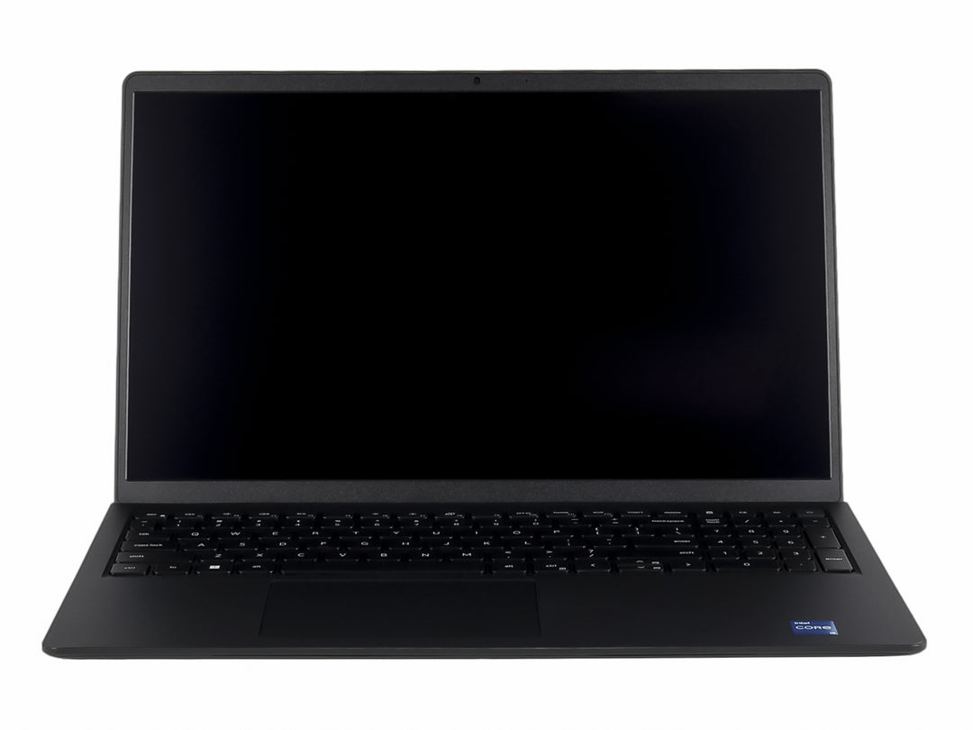 Laptop Dell de color negro abierta mostrando la pantalla y el teclado sobre fondo blanco.