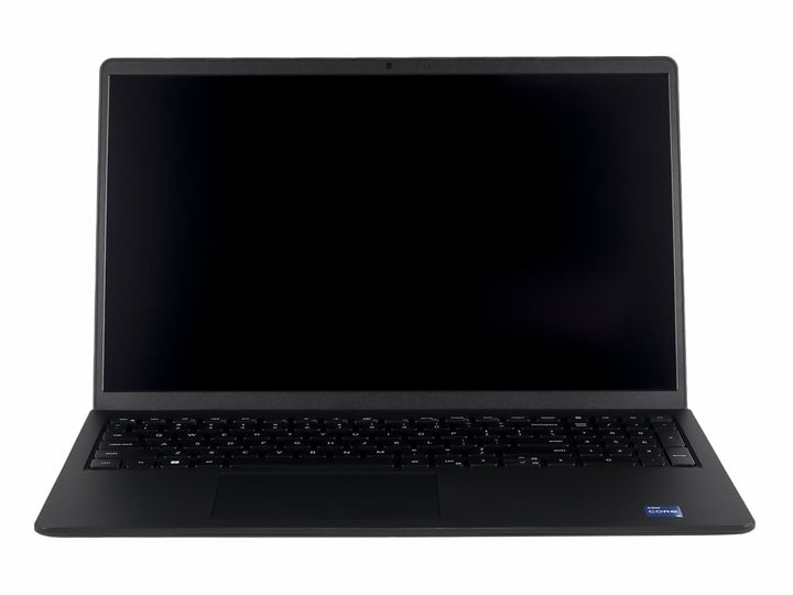 Laptop Dell de color negro abierta mostrando la pantalla y el teclado sobre fondo blanco.