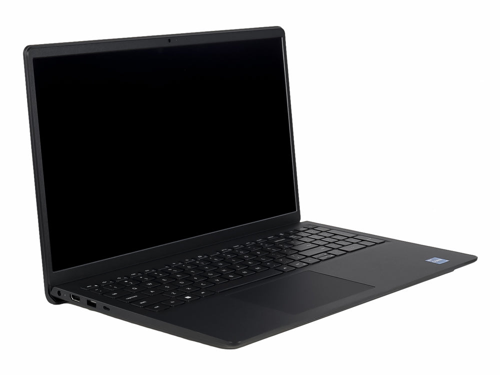 Laptop Dell de color negro abierta mostrando la pantalla y el teclado sobre fondo blanco.