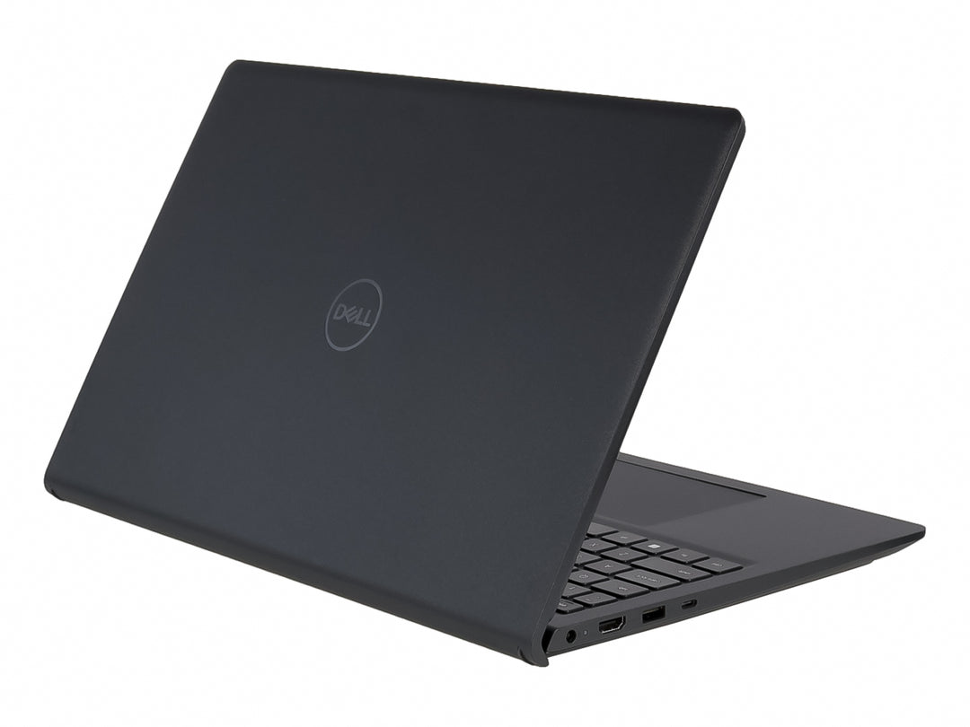 Laptop Dell de color negro abierta mostrando la pantalla y el teclado sobre fondo blanco.