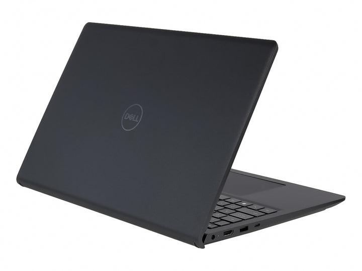 Laptop Dell de color negro abierta mostrando la pantalla y el teclado sobre fondo blanco.