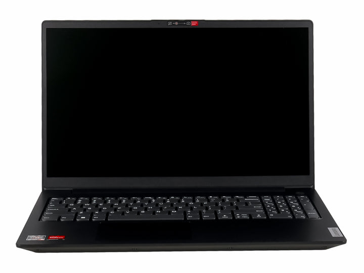 Laptop Lenovo V15 G4 de color negro con pantalla y teclado visibles sobre fondo blanco.