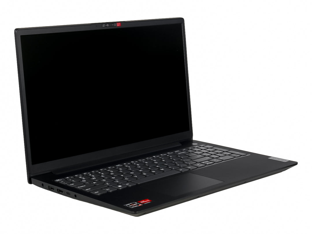 Laptop Lenovo V15 G4 de color negro con pantalla y teclado visibles sobre fondo blanco.