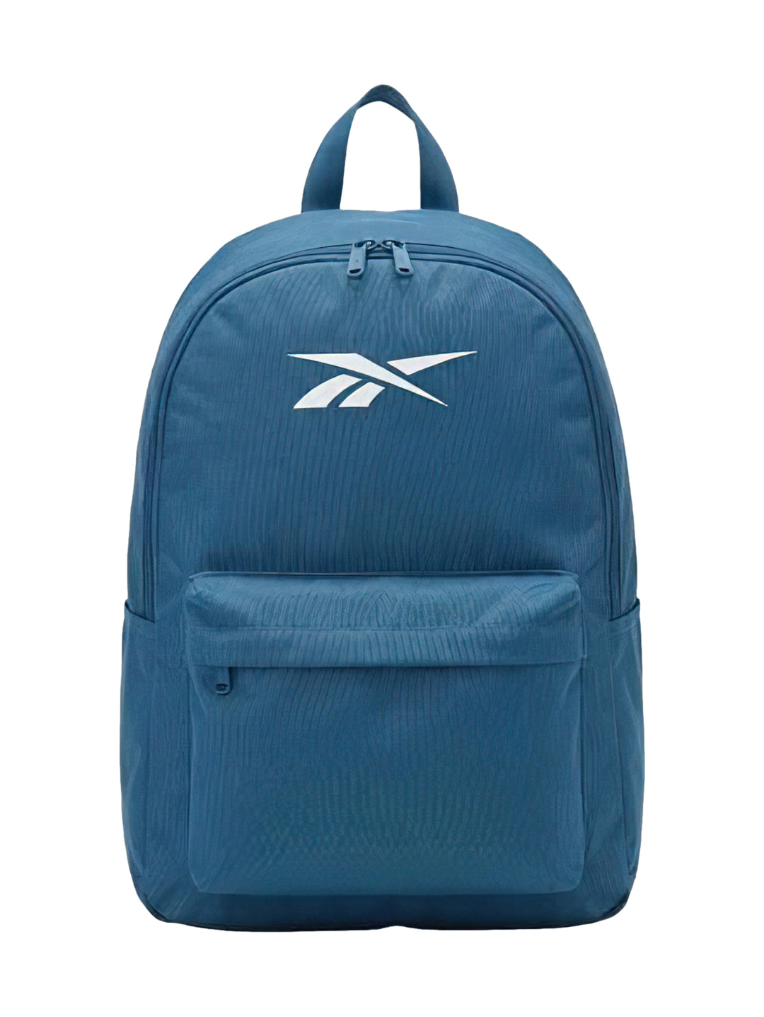 Mochila escolar Reebok color azul marino con logotipo blanco y bolsillo frontal.