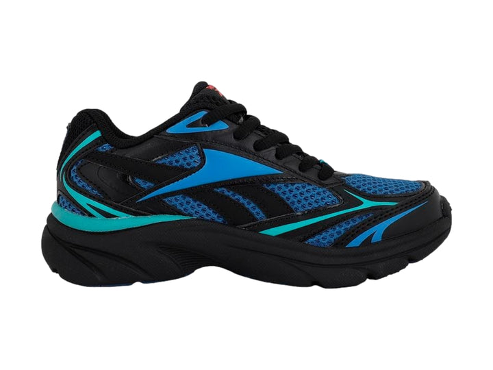 Tenis deportivos Reebok en color azul y negro con detalles en cian y suela negra.