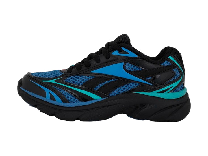 Tenis deportivos Reebok en color azul y negro con detalles en cian y suela negra.