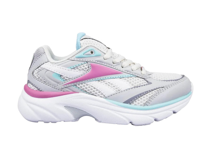 Tenis deportivos Reebok en color blanco y gris con detalles en rosa y azul claro.