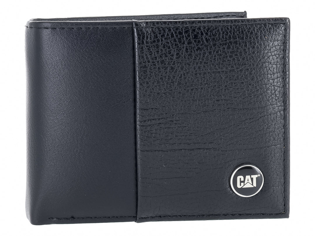 Cartera Caterpillar de color negro con textura de cuero y logotipo circular plateado de CAT.