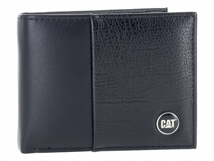 Cartera Caterpillar de color negro con textura de cuero y logotipo circular plateado de CAT.